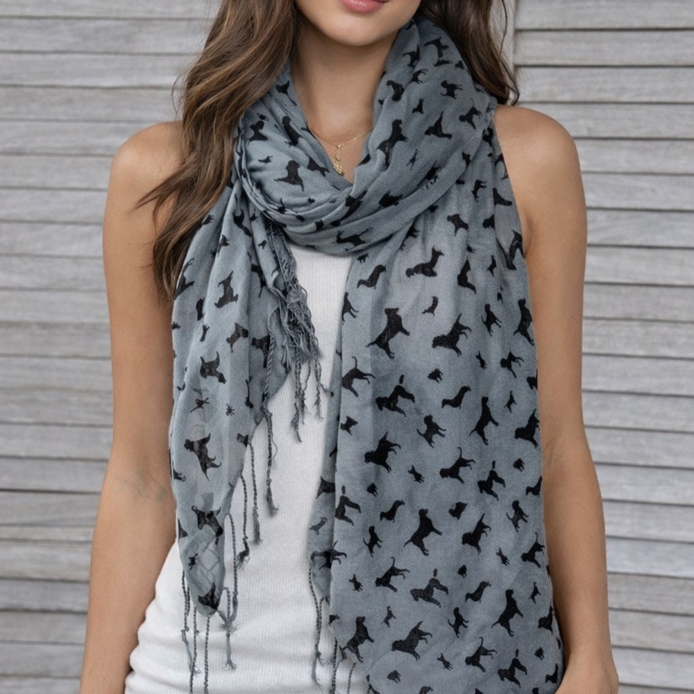 Dog Speak Gray Scarf Black Dog Print Fringe Wrap OS Cute Cozy Gift Trendy